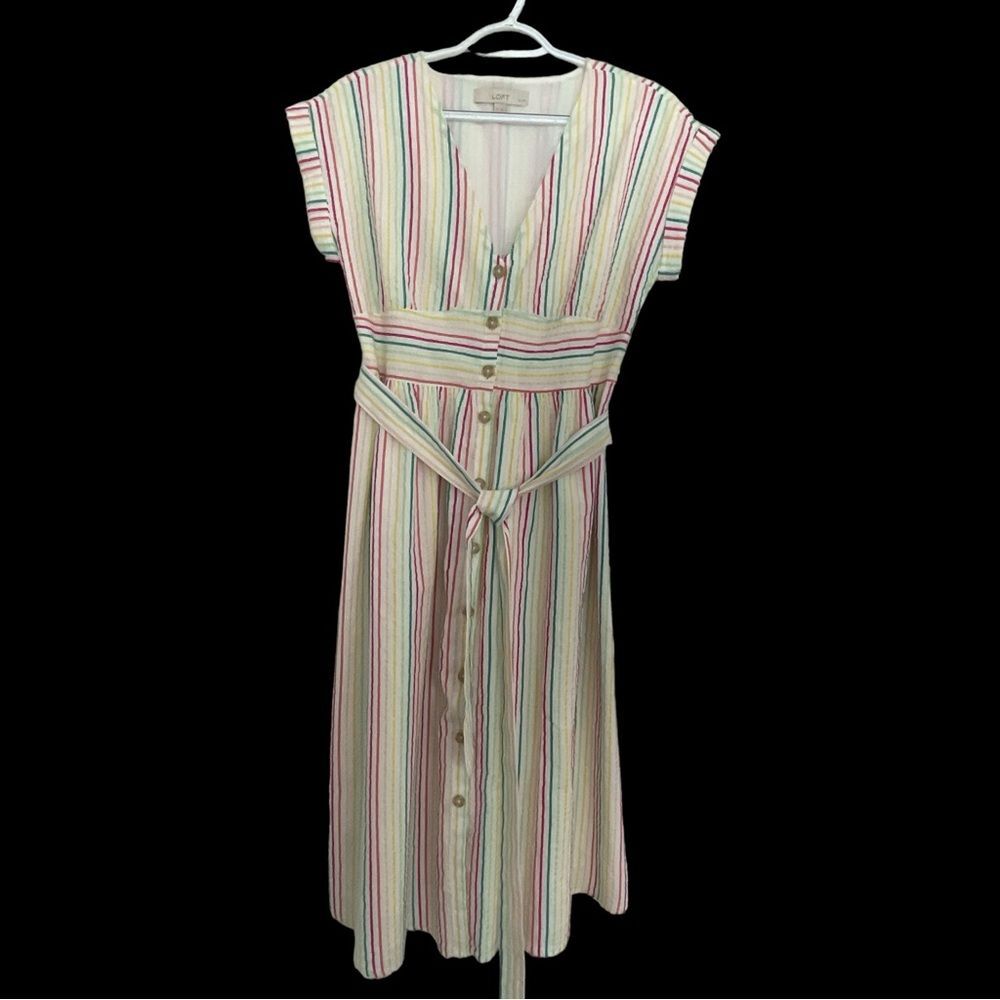 Loft Striped A-Line short sleeve shirt dress V-Neck button front lined cotton 4P